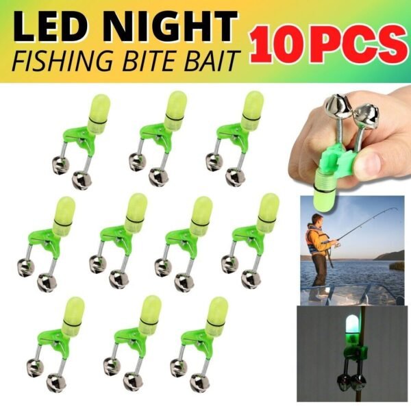 10x LED Night Fishing Bait Bite Alarm Twin 2 Bells Light Rod Tip Clip Alert Ring
