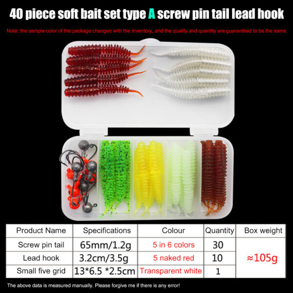 40 Pieces Soft Bait Worm Set Transparent Five Lattice Box