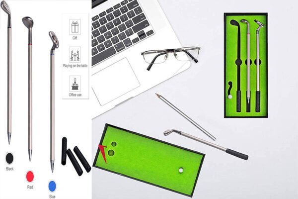 Desktop Mini Golf Putting Green Metal Club Ballpoint Pen Set