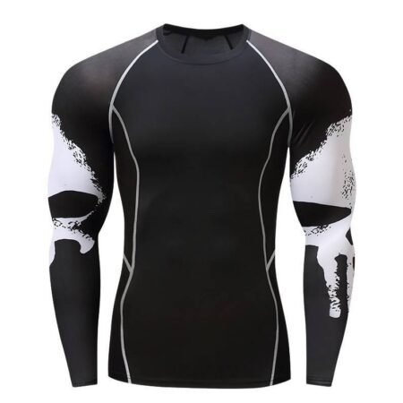Skull Print Long Sleeve Men's Workout Clothes Stretch Quick Drying Clothes Basketball Riding Running Suit Round Neck Tight T-shirt